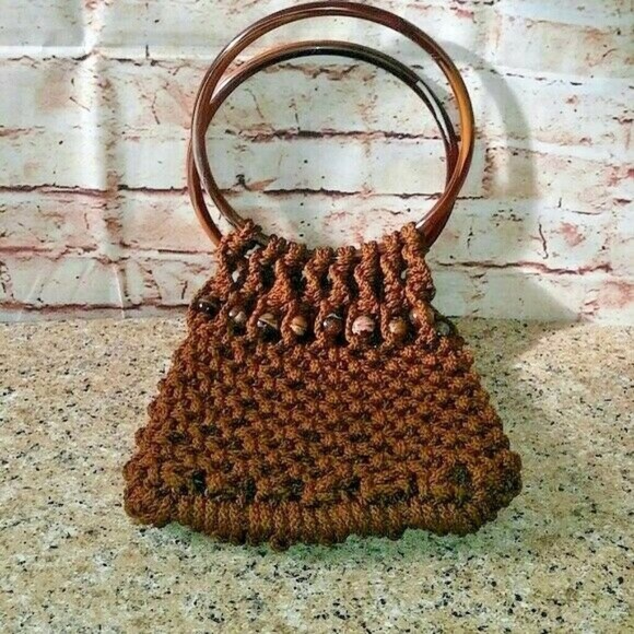 Vintage Handbags - Vintage Brown Macrame Handbag Boho Festival Purse